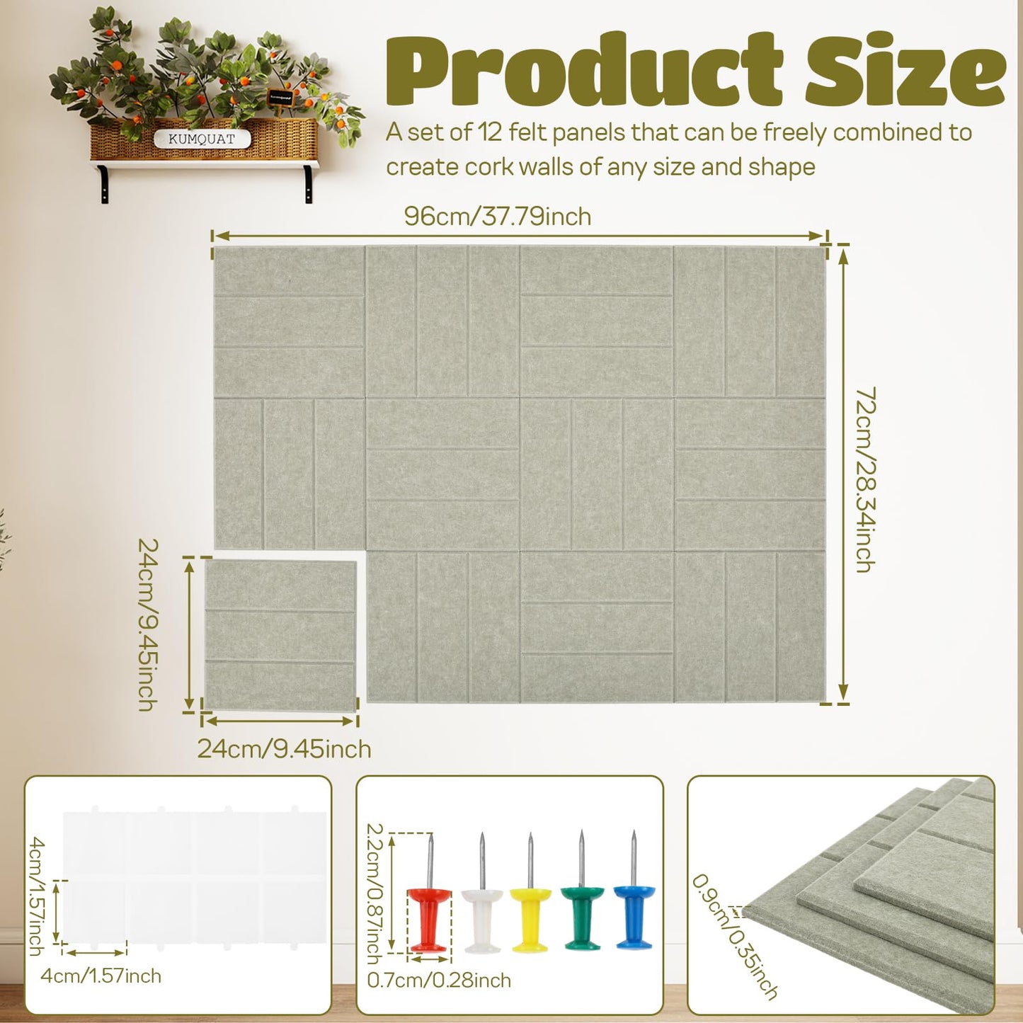 12 Pack Felt Bulletin Board Tiles - Modular Wall Panels (9.45"x9.45" Each), 0.35" Extra Thick Cork Board Alternative with Adhesive Tabs & Push Pins for Office Decor (Sage Green)