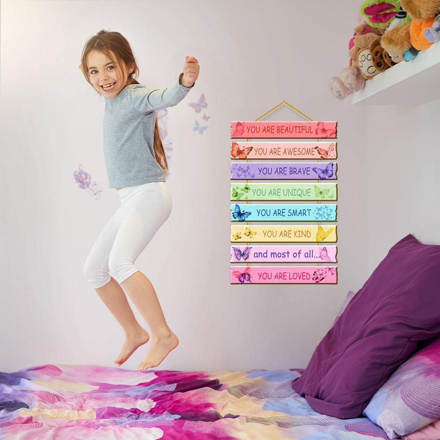 Rutiyoka Butterfly Room Decor for Girls Bedroom Wall Rainbow Inspirational Art Kids Wood Decorations Little Girl Nursery Toddler Sign