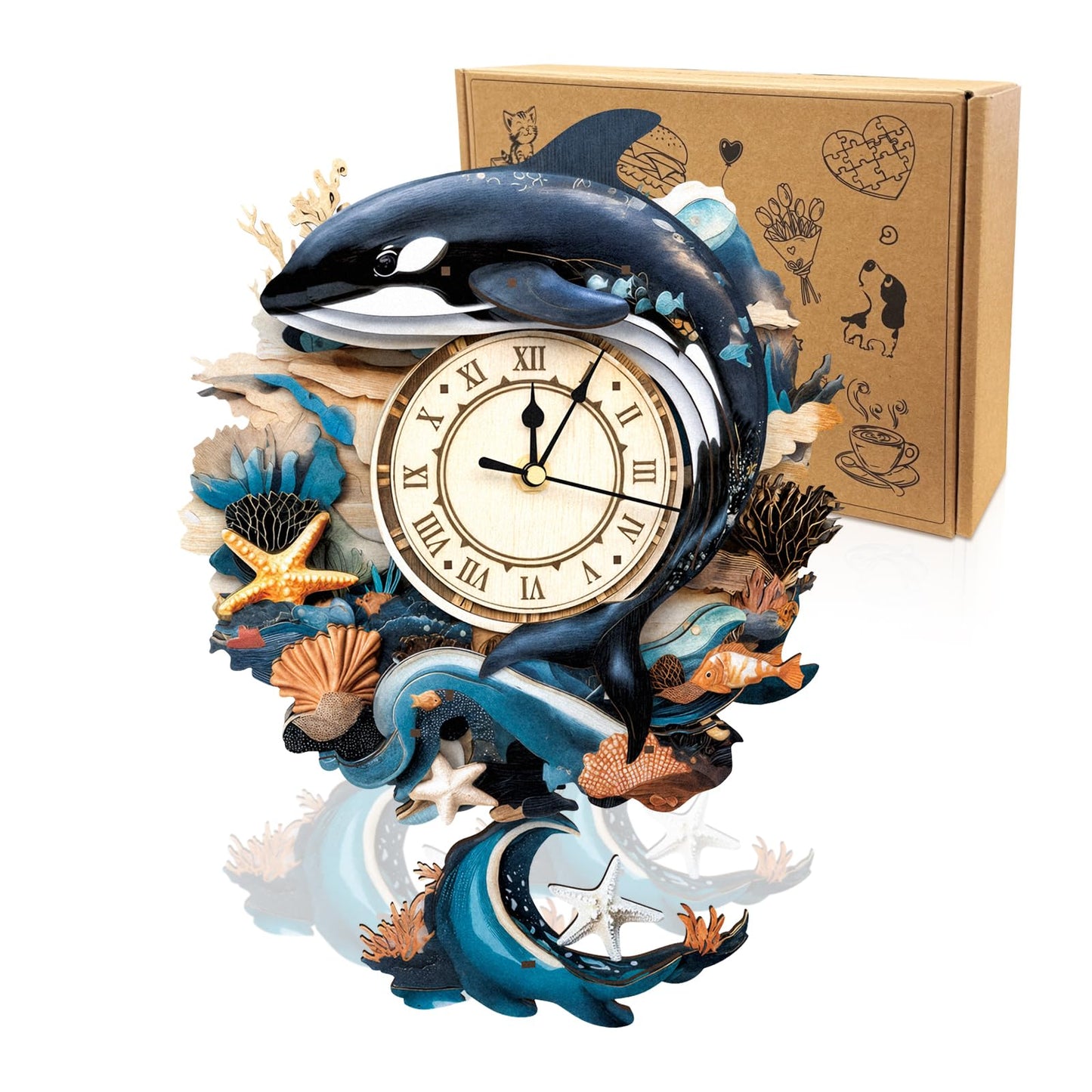 Cutywood 3D Puzzles for Adults Clock-Killer Whale Design Model Kit-Mechanical DIY Pendulum Clock with Roman Numerals-Desk Home Office Decor Personalized Gift for DIY Lovers