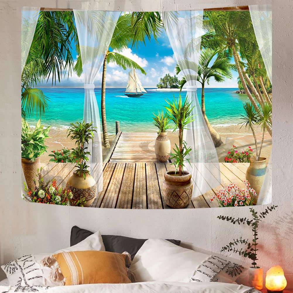 Ocean Beach Tapestry, Nature Coconut Palm Tree Garden Scenery Window Tapestries Wall Hanging for Bedroom College Dorm Decor, Summer Tropical Sea Hawaii Landscape Outdoor Poster Blanket 60X40 Inch