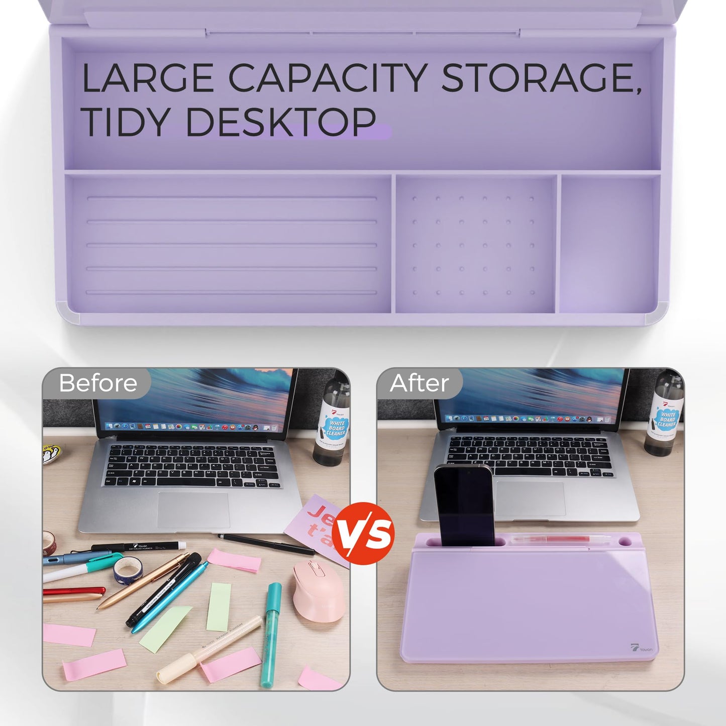 TOWON Small Compact Glass Desktop Whiteboard with Storage – 12 x 7 in Dry Erase Board for Desk, Home Office, School | Includes 5 Markers, Eraser & Holder | Space-Saving Organizer, Aesthetic Lavender