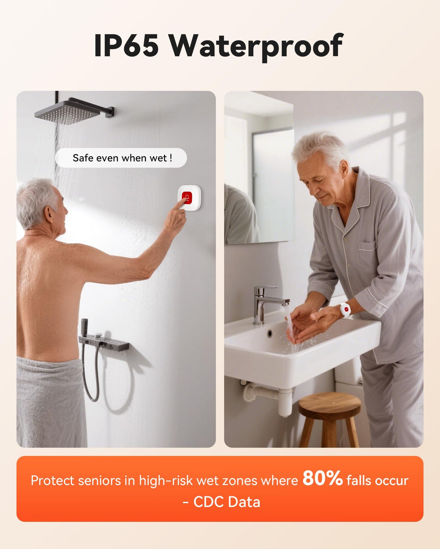 PILSAMAS WiFi Caregiver Pager Smart Call System - Display Caller ID & App Alerts, No Monthly Fee, IP65 Waterproof Wristband + 2 Call Buttons, Emergency Alert Button for Elderly at Home & Nursing Care