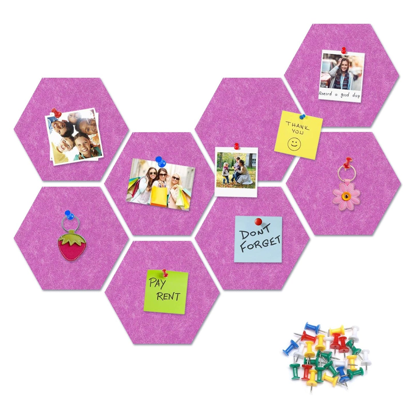 8 Packs Fuchsia Hexagon Felt Pin Board, 12" Bulletin Board with 30 Push Pins, Felt Board for Home Kitchen Office Decor, Self-Adhesive Corkboard Tiles for Walls Classroom Message Photos Memos Display