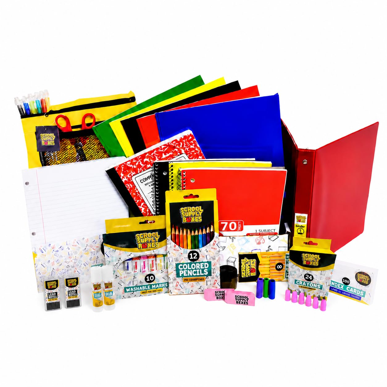 Elementary School Essentials Bundle | 1 Box - 91 Pieces per Box | School Supply Boxes - Back to School Essentials | Includes Binders, Folers, Notebooks, Filler Paper, Pencils, Notecards, Pens, & More
