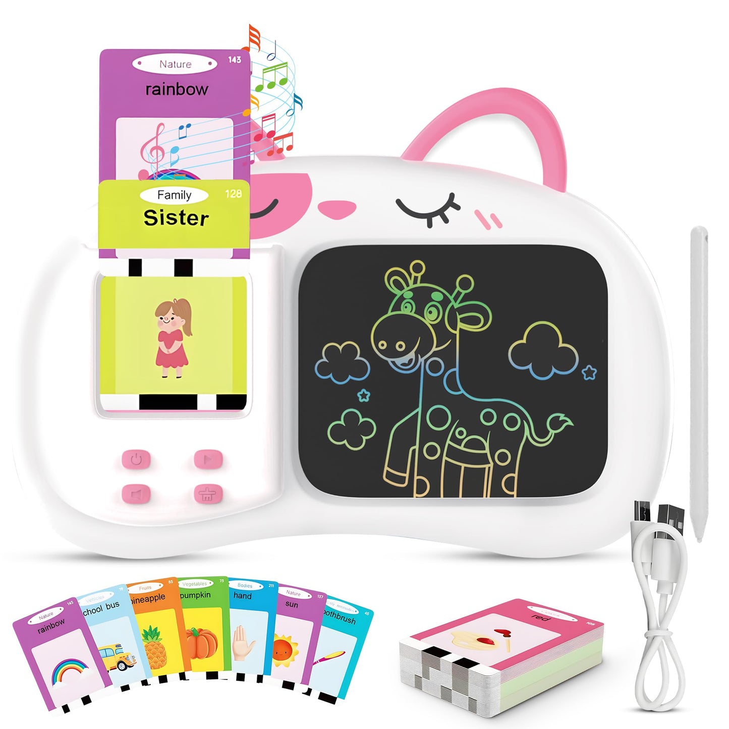 Henry & Colin Smart Talking Flash Cards Reader with LCD Writing Drawing Tablet Card for Kids – Colorful Drawing Pad, Educational Toy, Reusable Board, Travel Essential for Boys & Girls (Pink)