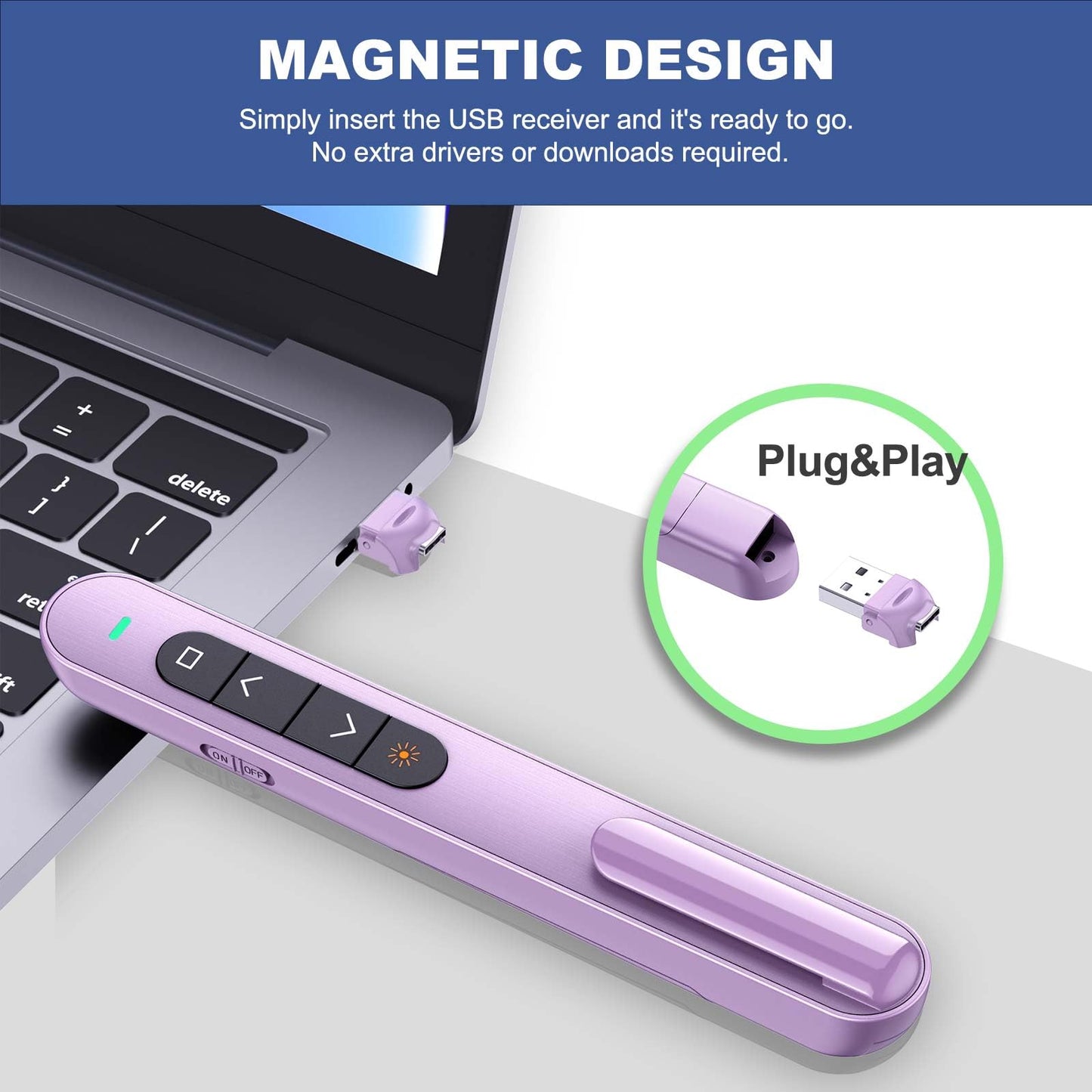 QUI 2 Pack Presentation Clicker, Hyperlink Volume Control Wireless Presenter, RF 2.4GHz USB Presentation Remote Control,PowerPoint Clicker Slide Advancer for Computer, Laptop, Mac (USB Type-c, Purple)