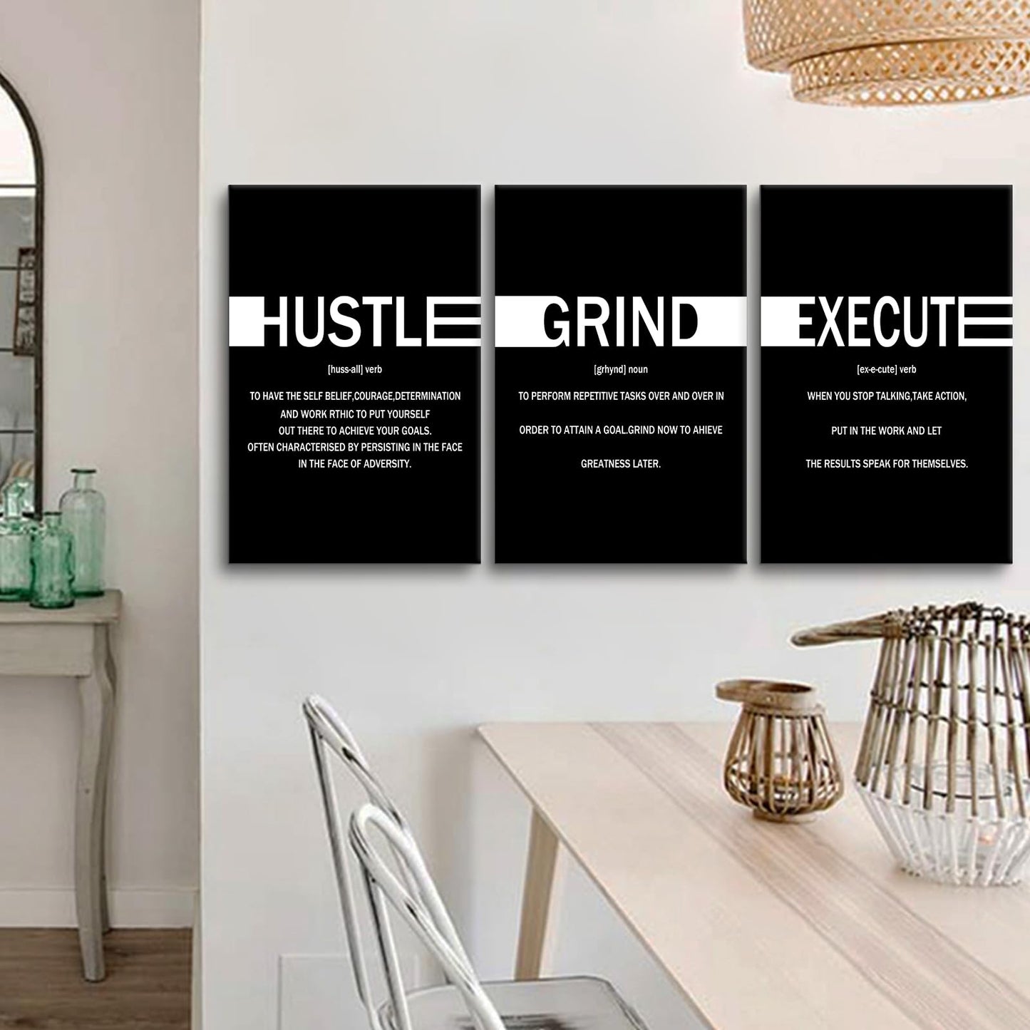 YSPCSUN Triptych Wall Decor Inspirational Posters for Office, Black White Hustle Grind Execute Quote 3 Panel Canvas Prints for Home Office Dorm Gym, 48x24 Inch Display Print