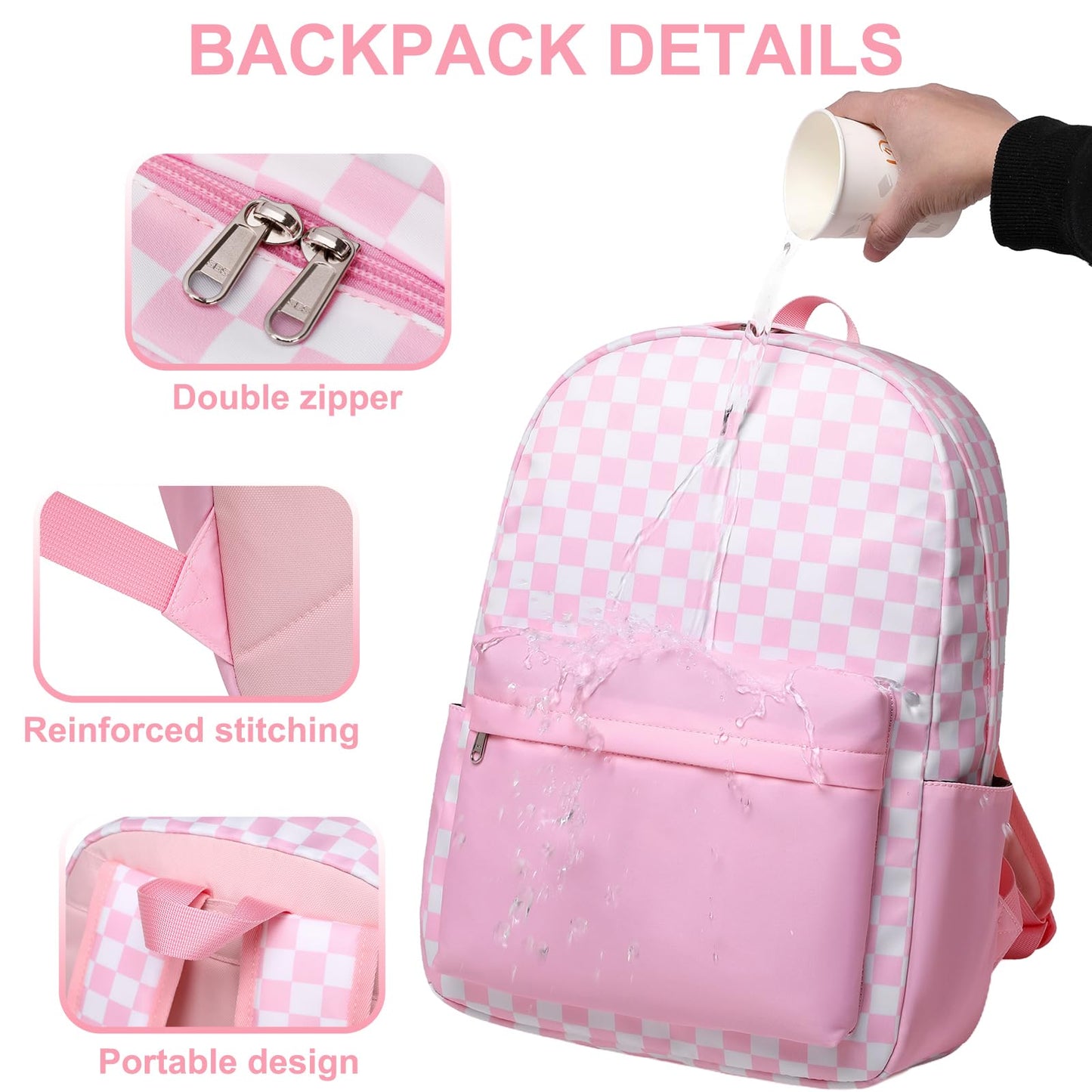 Sugaroom Checkered School Backpack for Girls with Lunch Box Lightweight Kids Bookbags Preschool Primary Elementary Students School Bags (Checkered Pink)