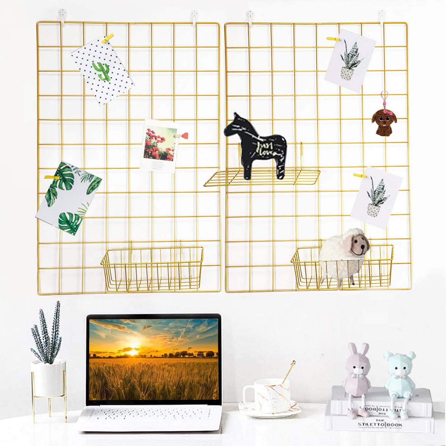 GBYAN 2 Pack Large Wall Grid Panels with Light and Clips, Photo Display Board, Picture Frame Collage Board, Wire Grid Wall Panel Room Decoration,Dark Gold