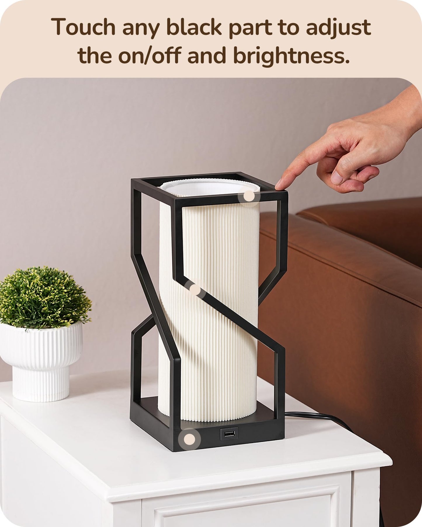 EDISHINE Modern Table Lamp with Touch Control, USB Port, 9W Dimmable Bulb, White Pleated Shade
