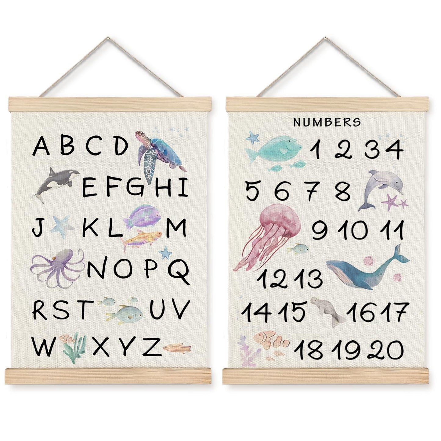 Supwhd Ocean Nursery Decor, Alphabet Numbers Ocean Animals Poster Hanger Frame, Sea Animals ABC 123 Educational Wall Decor for Nursery Kids Room Playroom Classroom Homeschool, 12x16 Set of 2