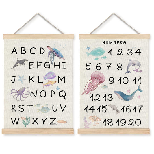 Supwhd Ocean Nursery Decor, Alphabet Numbers Ocean Animals Poster Hanger Frame, Sea Animals ABC 123 Educational Wall Decor for Nursery Kids Room Playroom Classroom Homeschool, 12x16 Set of 2