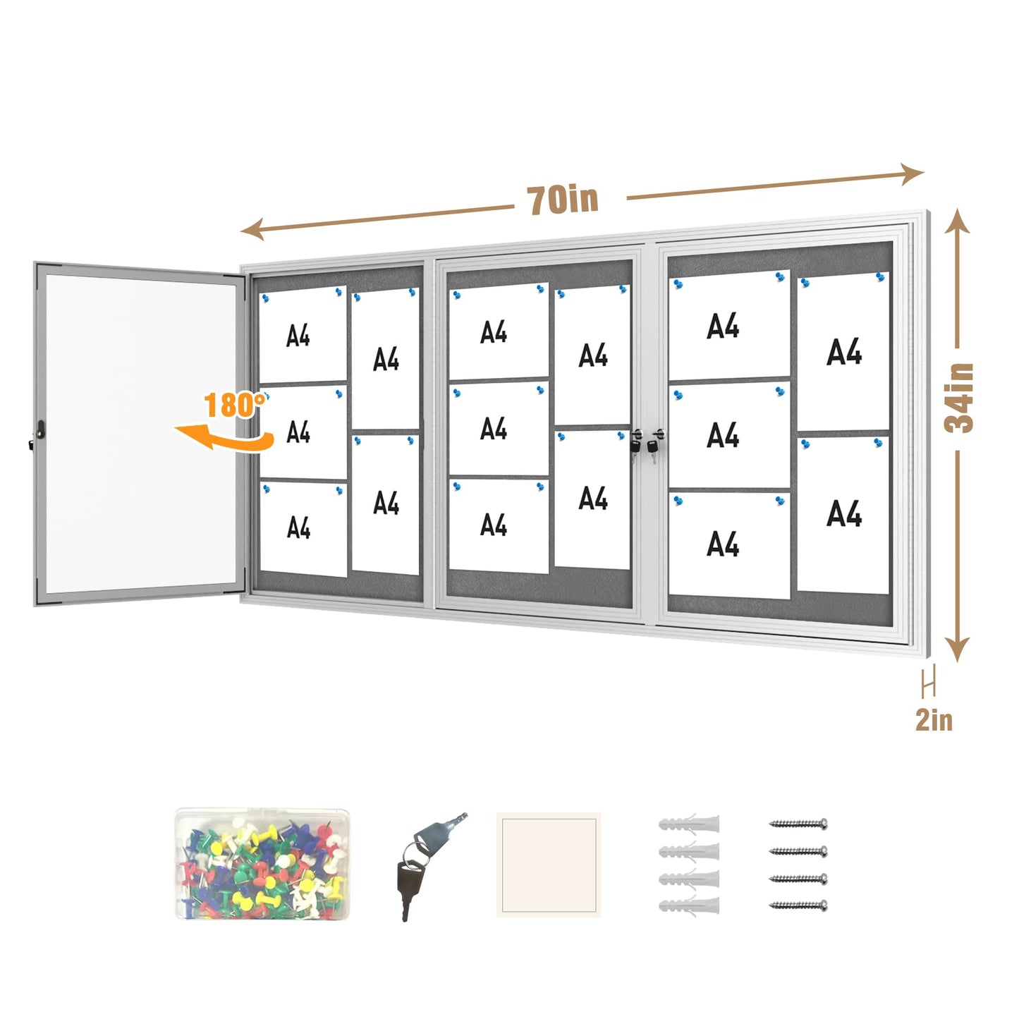 Mifuro 70"x34" Enclosed Bulletin Board, Outdoor Lockable Weather-Resistant Aluminum Cork Noticeboard for School & Office, Silver Frame w/Grey Flet