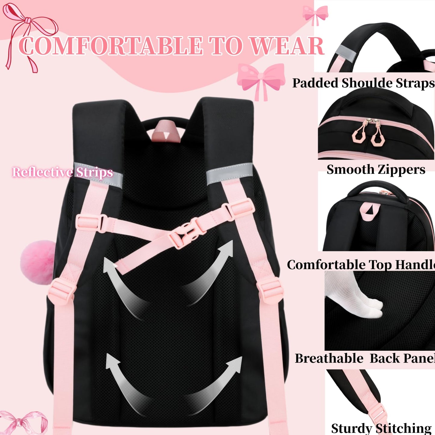 kistou Backpack for Girls Kids Backpack for School with Lunch Bag Pencil Case Kawaii Bow Kids Bookbag for Teen Elementary Middle School