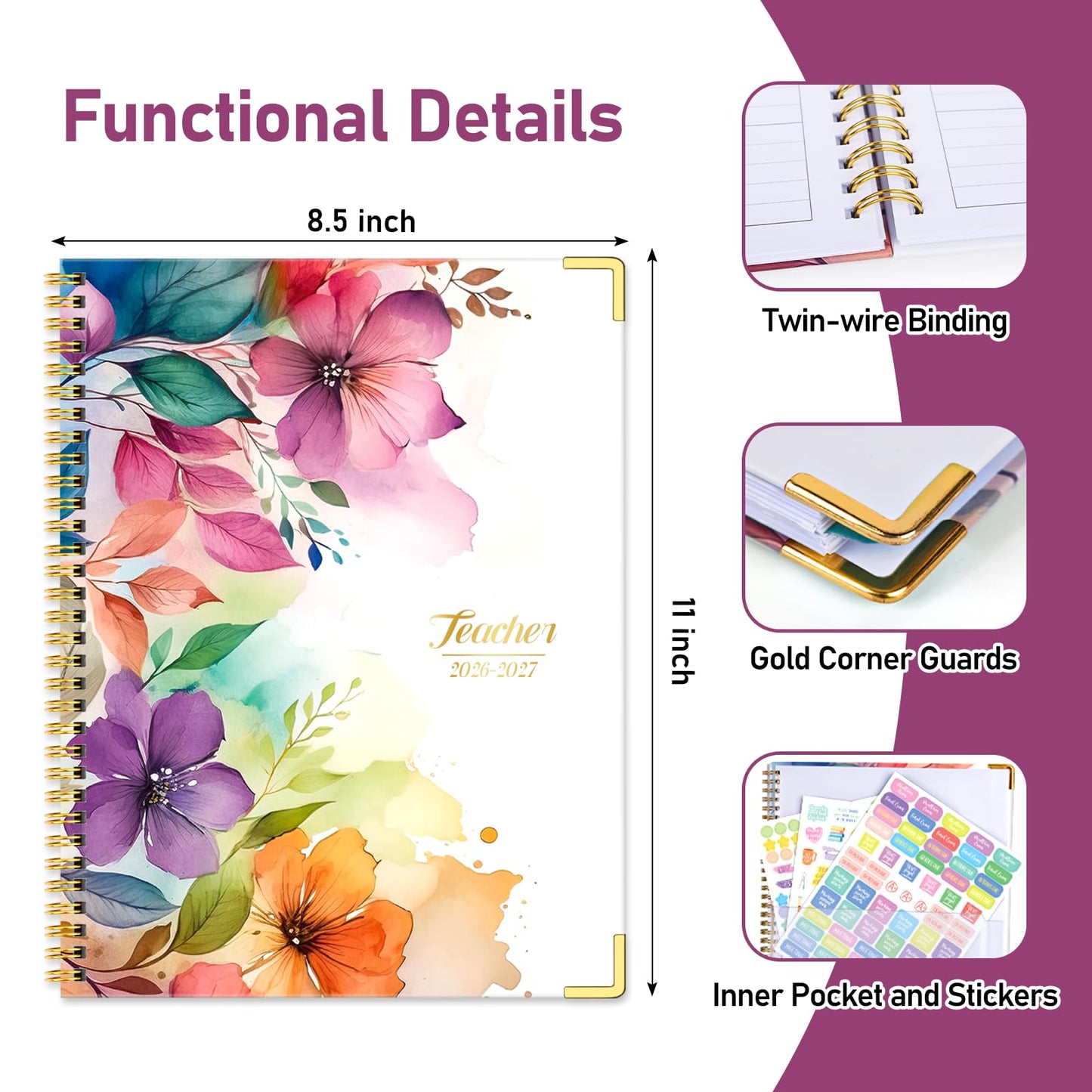 Teacher Planner 2026-2027, Jul 2026-Jun 2027 Academic Year, 8.5" x 11" Lesson Planner Book for Teacher Calendar, Spiral Bound Planners, Planning Stickers, Colorful Monthly Tabs, Flower