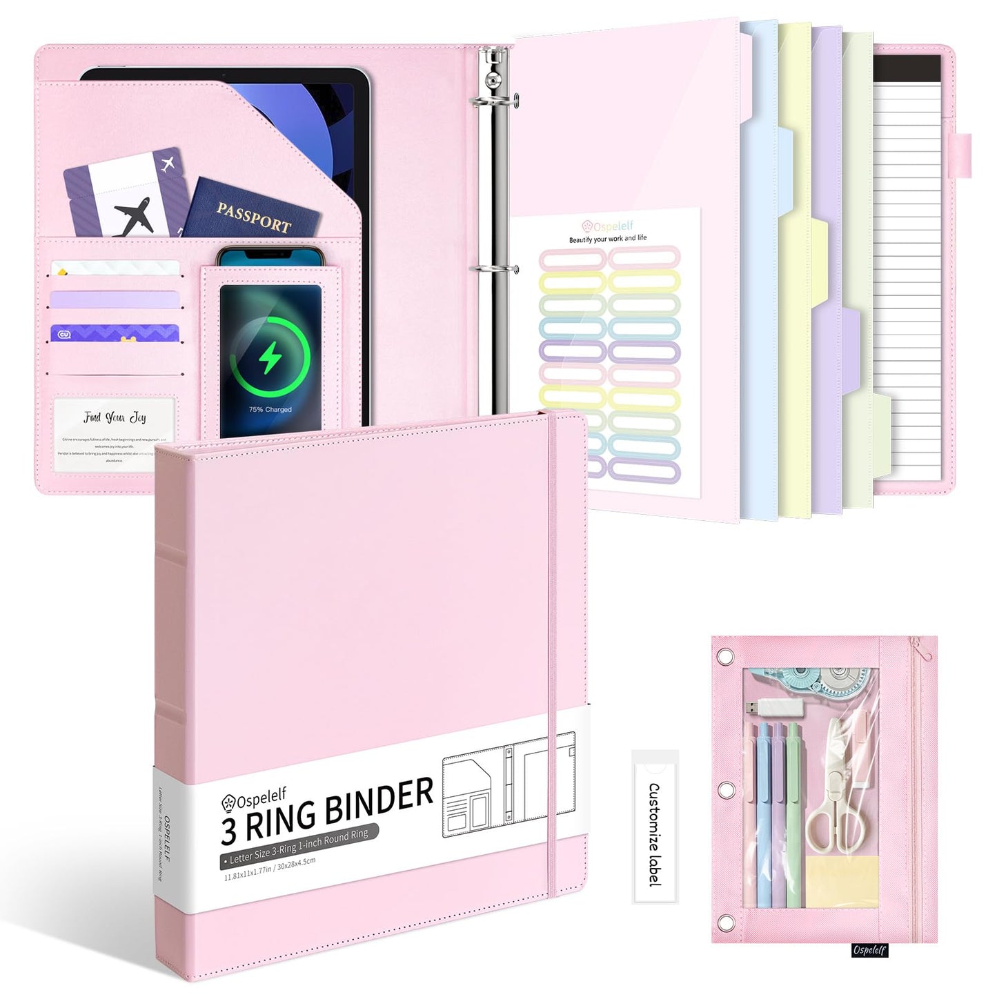 Ospelelf Leather 3 Ring Binder for Letter Size Documents with PVC Pocketed Dividers, 1 Inch Round Rings, Holds 175 Sheets, Binders with Storage Bag & Notepad, for Office School Home Organization, pink
