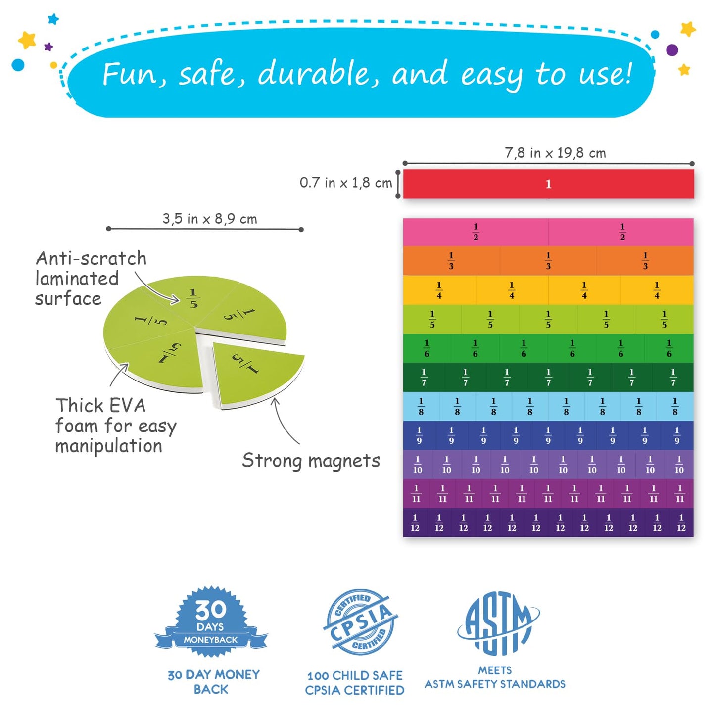 166 PCS Magnetic Fraction Tiles & Fraction Circles - Elementary Fraction Manipulatives Class Set - Magnetic Fraction Bars & Strips Fraction Kit, Fraction Magnets, Math Manipulatives - Simply Magic