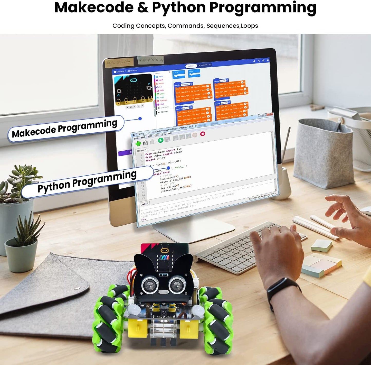 KEYESTUDIO 4WD Smart Car Coding Robot Kit with Microbit V2 for Makecode and Python, DIY Building Robot Kit for STEM Education 15+, IR Remote/APP Control