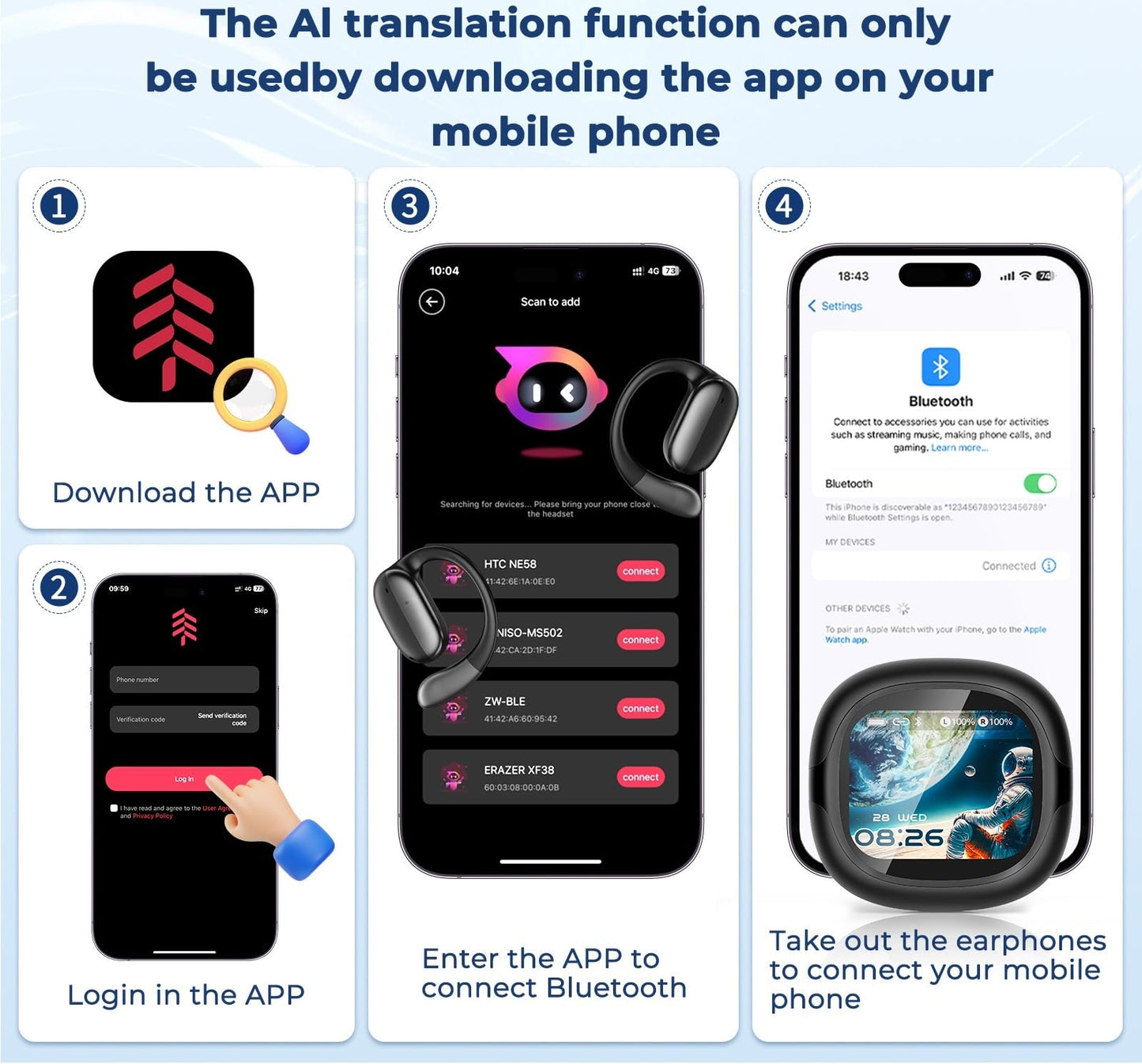 NE58 AI Translation Earbuds Real Time, 134 Language Translator Wireless Bluetooth 6.0 Open Ear Earbuds, LED Touch Screen, Noise Cancelling Translate Ear Buds for Travel & Business Meetings (White)