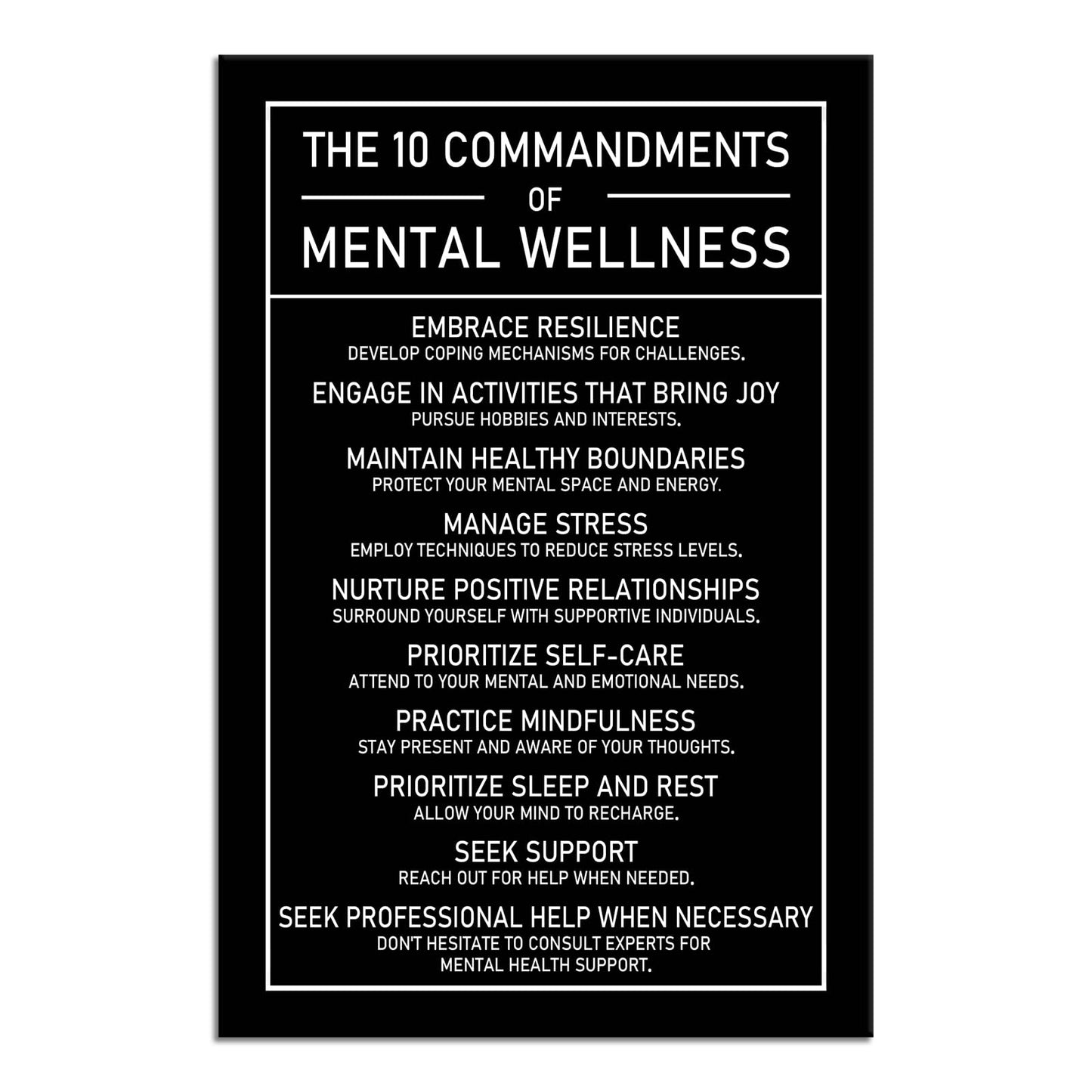 The 10 Commandments Of Mental Wellness Motivational Canvas Poster Healthy Growth Wall Art Prints Artwork for Office Living Room Modern Home Decor Painting Pictures Stretched and Framed[12''Wx 18''H]