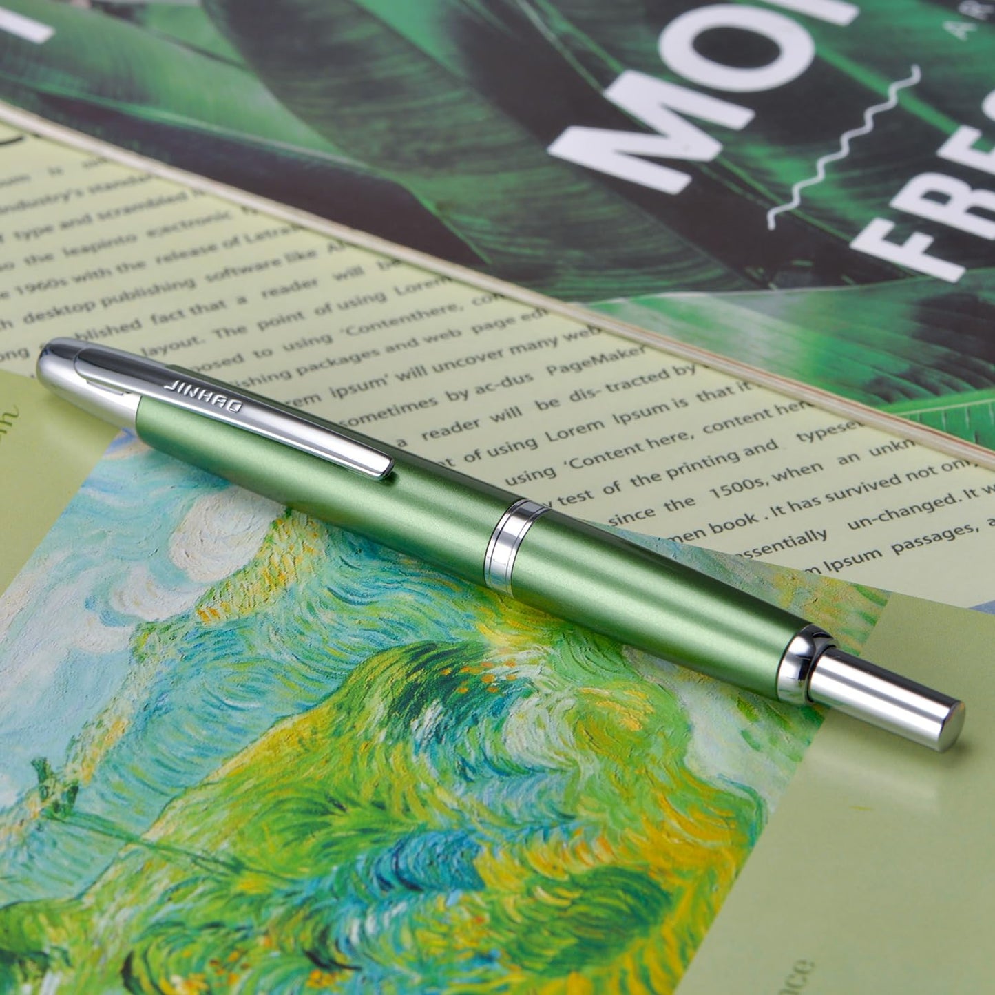 Jinhao 10 Press Fountain Pen with Box, Sea Pine Green Retractable Extra Fine Nib with Ink Converter Set (Silver Clip)