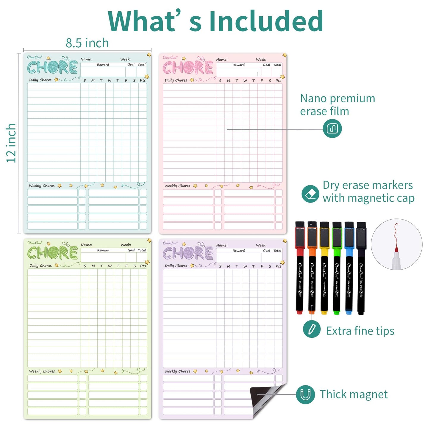 Magnetic Dry Erase Chore Chart - 8.5"x12" Behavior Responsibility Chore Board for Kids, Teenagers - 6 Extra Fine Point Markers Included - Shipped Flat 4 Pcs