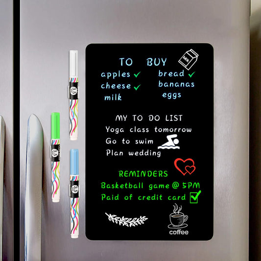 ANLIOTE Magnetic Black Dry Erase Board Sheet 12" x 8" for Fridge, Easy to Read with 3 Bright Colors Chalk Markers, Small Refrigerator Magnet Whiteboard for Family Planner Grocery List