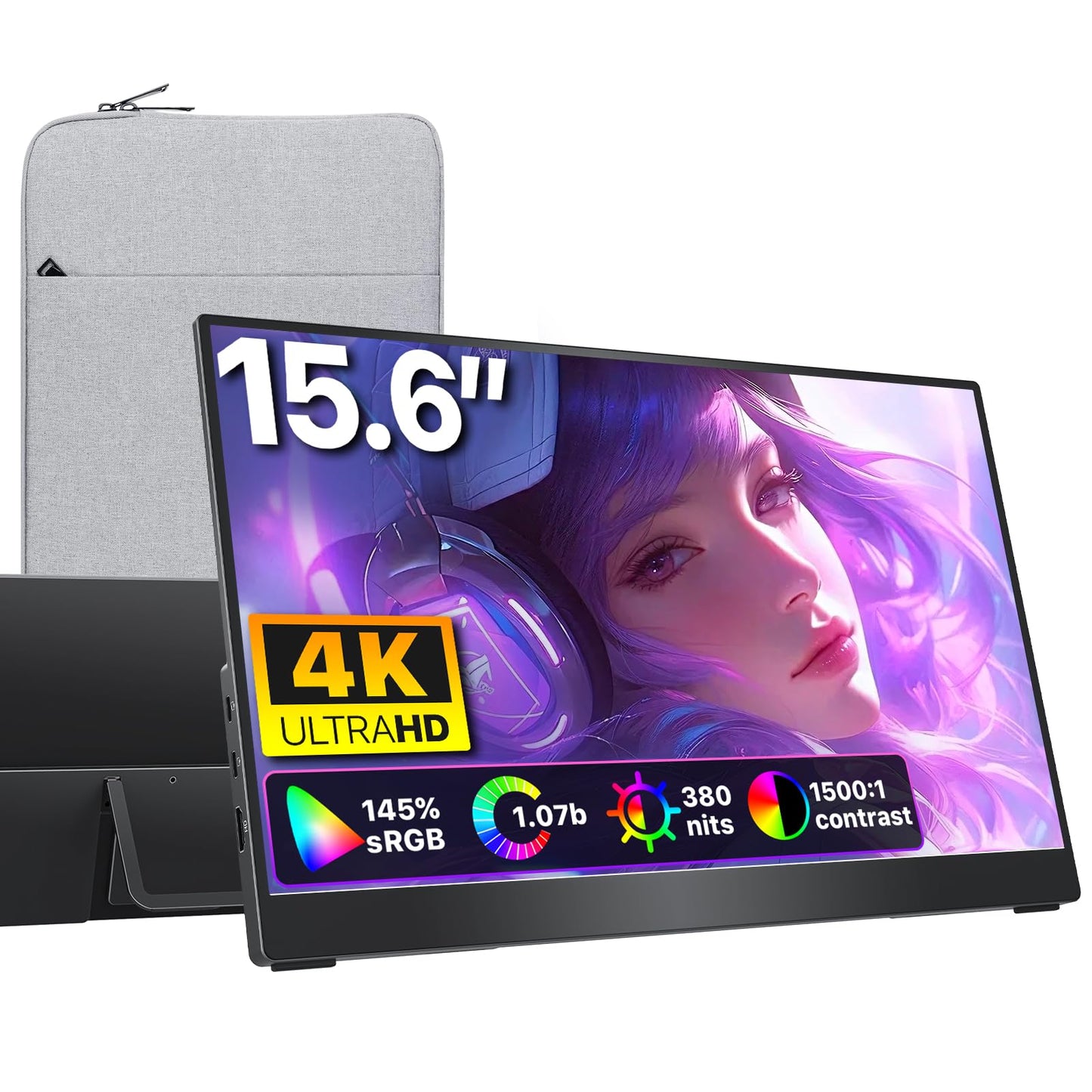 cocopar Portable Monitor 15.6 Inch 4K UHD 60Hz 145% sRGB Travel Monitor with Speaker HDMI USB-C Second Screen for Laptop MacBook Surface PC Xbox PS4/5, VESA Mountable, with Kickstand