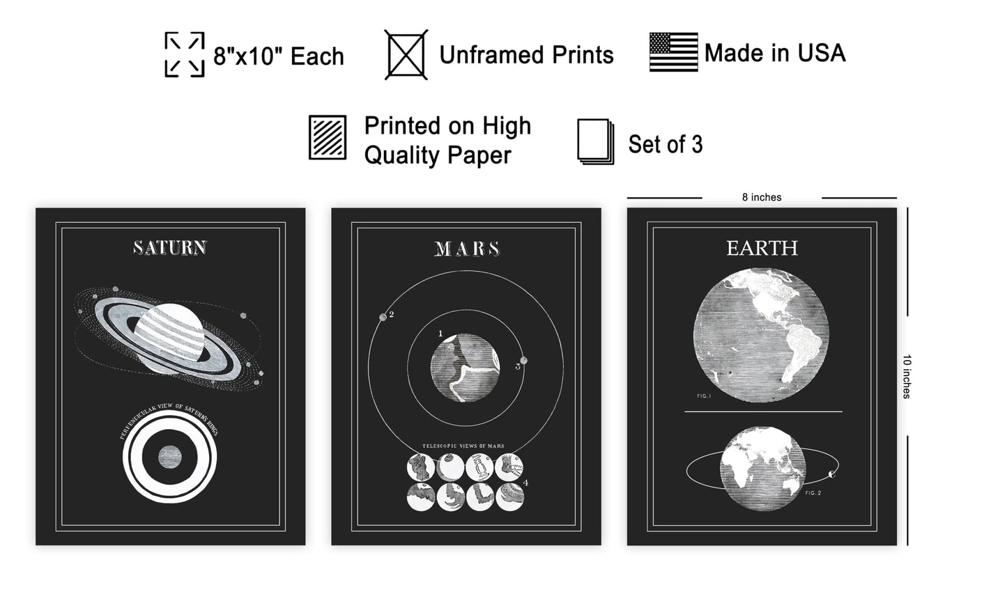 Poster Master 3-Piece Space Wall Art Set, 8x10 Unframed Art Print Posters, Lunar Home Decor, Astrological Room Decoration Poster, Black & White Lunar Design, Gift for Planetary Astrology Fans