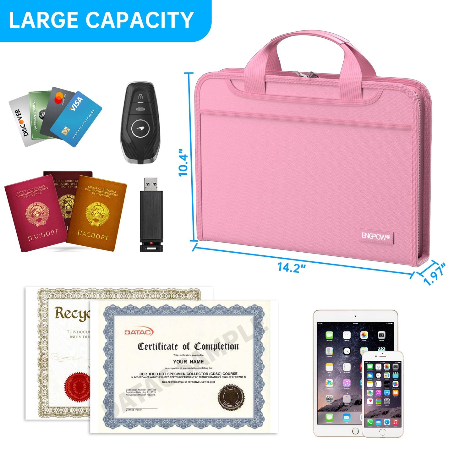 ENGPOW Accordion File Organizer,Fireproof Expanding File Folder with Multi Pockets,13 Pockets Document Organizer with Handle & Labels,Portable Home Travel Safe Storage Folder for Letter A4 Files,Pink