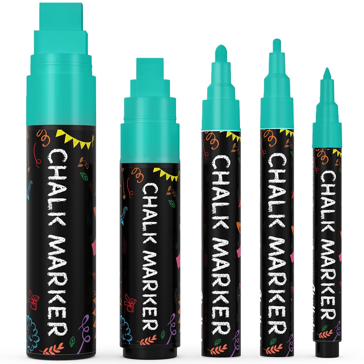 Chalkola 5 Teal Chalk Markers - Dry Erase Markers for Blackboard, Chalkboard Signs, Windows, Glass, Car | Variety Pack - Chalkboard Chalk Pens, Fine & Jumbo Size Ink Pen (1mm, 3mm, 6mm, 10mm, 15mm)