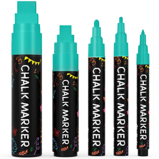 Chalkola 5 Teal Chalk Markers - Dry Erase Markers for Blackboard, Chalkboard Signs, Windows, Glass, Car | Variety Pack - Chalkboard Chalk Pens, Fine & Jumbo Size Ink Pen (1mm, 3mm, 6mm, 10mm, 15mm)