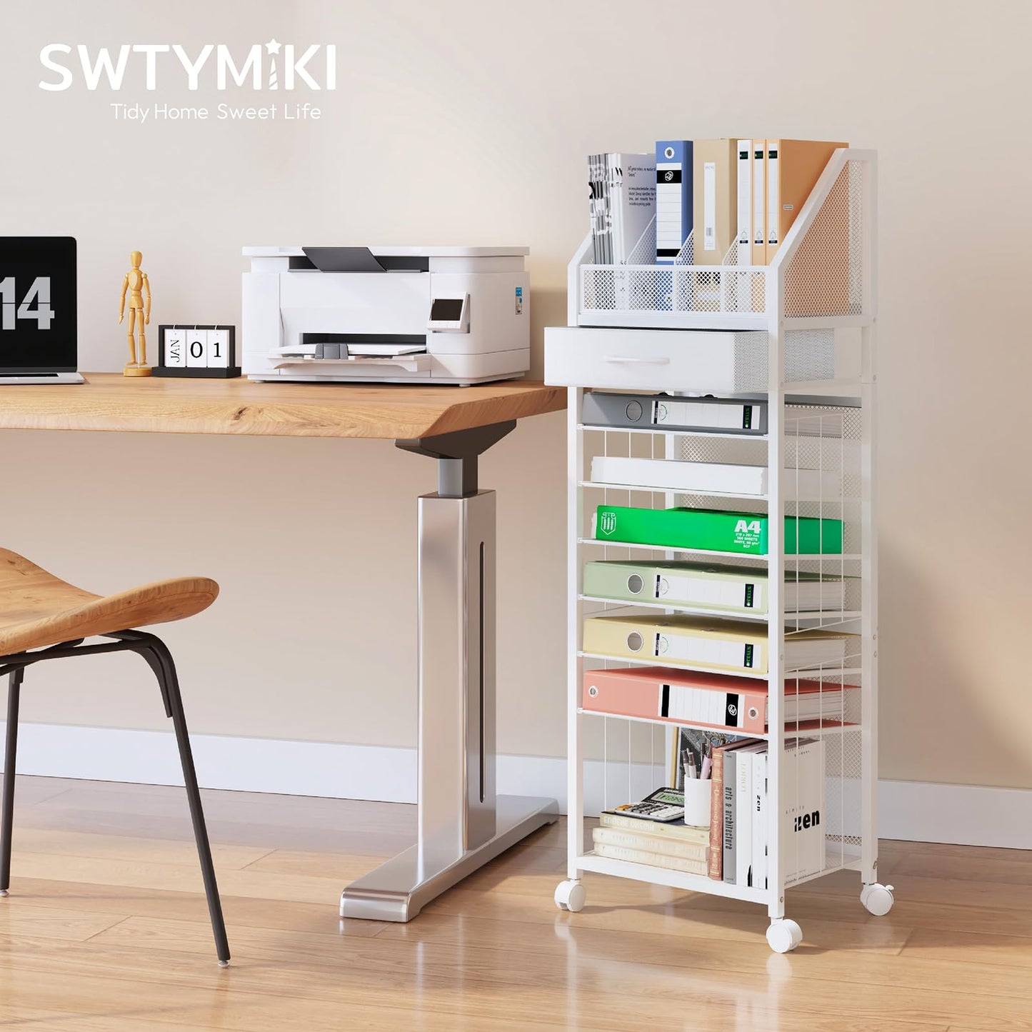 SWTYMIKI 9-Tier Rolling File Cart - Paper Organizer with Drawer and Trays, Wood Desk Office Organizer, Office Organization and Binder Storage for Workspace, Home, School, White