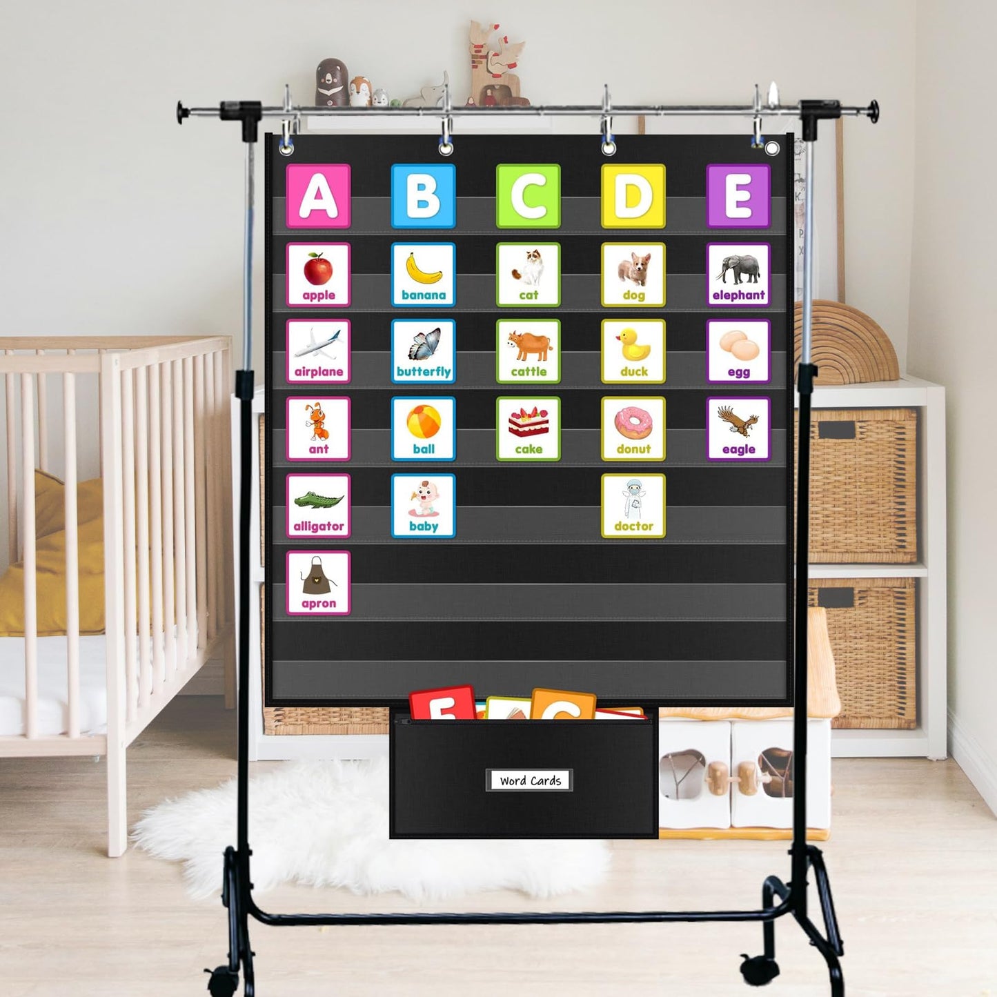 Standard Pocket Chart for Classroom 28"x28" Large 7 Pocket Charts with Card Storage Bag Sentence Strip Holder for Word Wall, Sight Words, Cards, Calendar, Daily Visual Schedule (Black)