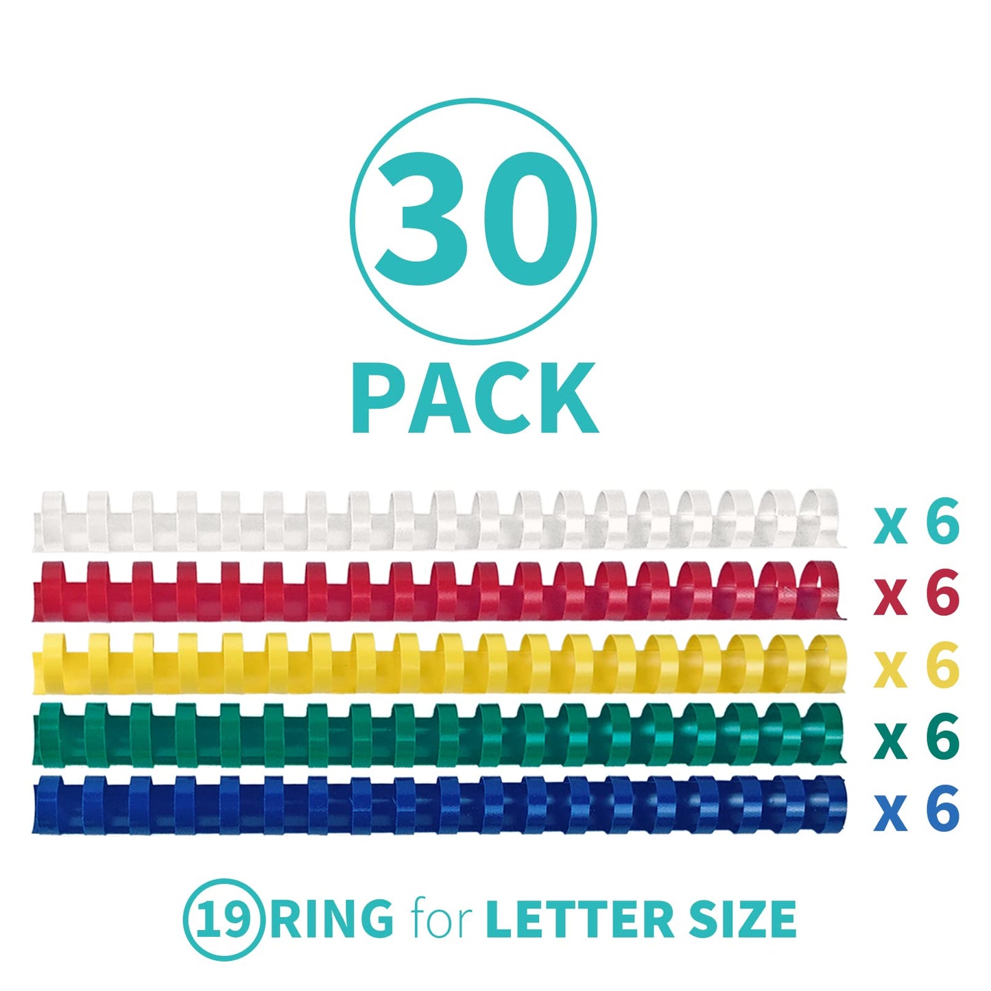 Binditek 30 Pack Plastic Binding Comb Spines, 3/4 Inch Diameter, 150 Sheet Capacity, 19 Ring, for Letter Size, Multi Color (White, Yellow, Red, Green, Blue)
