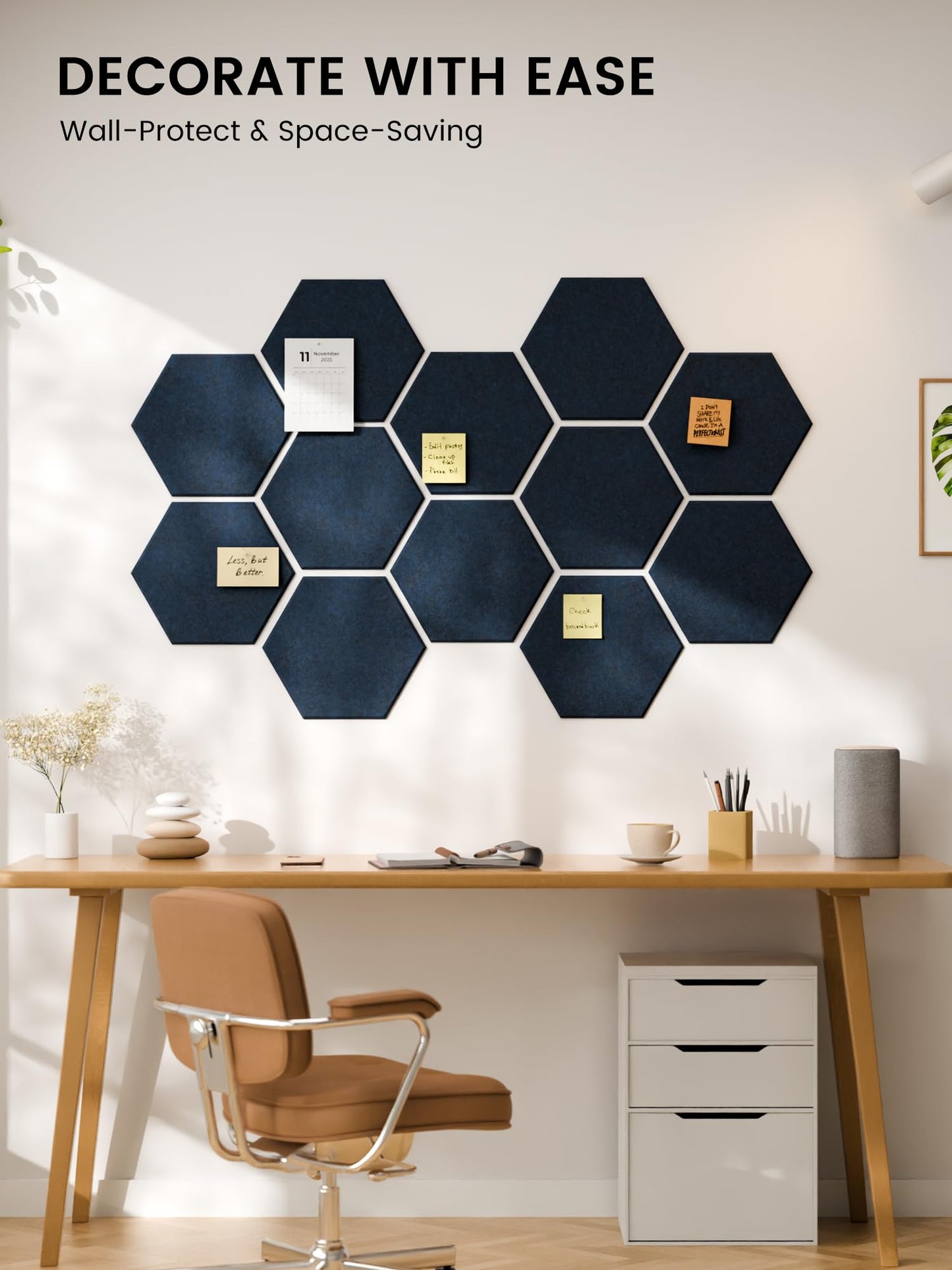 Fluxynara Hexagon Cork Board Alternative for Walls Decor-12-Pack Felt Bulletin Board Tiles,with 30 Pushpins,70 Adhesive Tabs for Office,Classrooms & Home Pin Board Felt Board-Carbon Blue