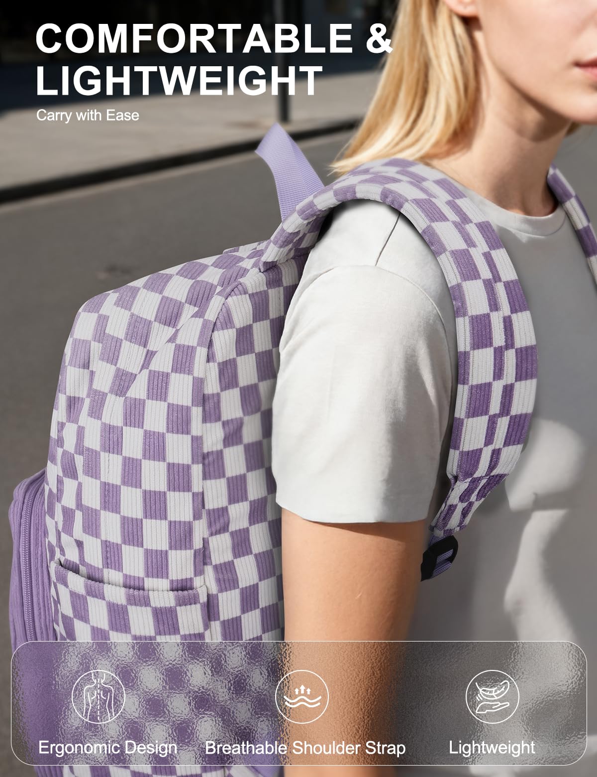 VASCHY Corduroy Backpack for Girls, Lightweight School Bag for Elementary, Middle & High School, Teen Bookbag, Women’s Casual Travel Daypack Purple Plaid