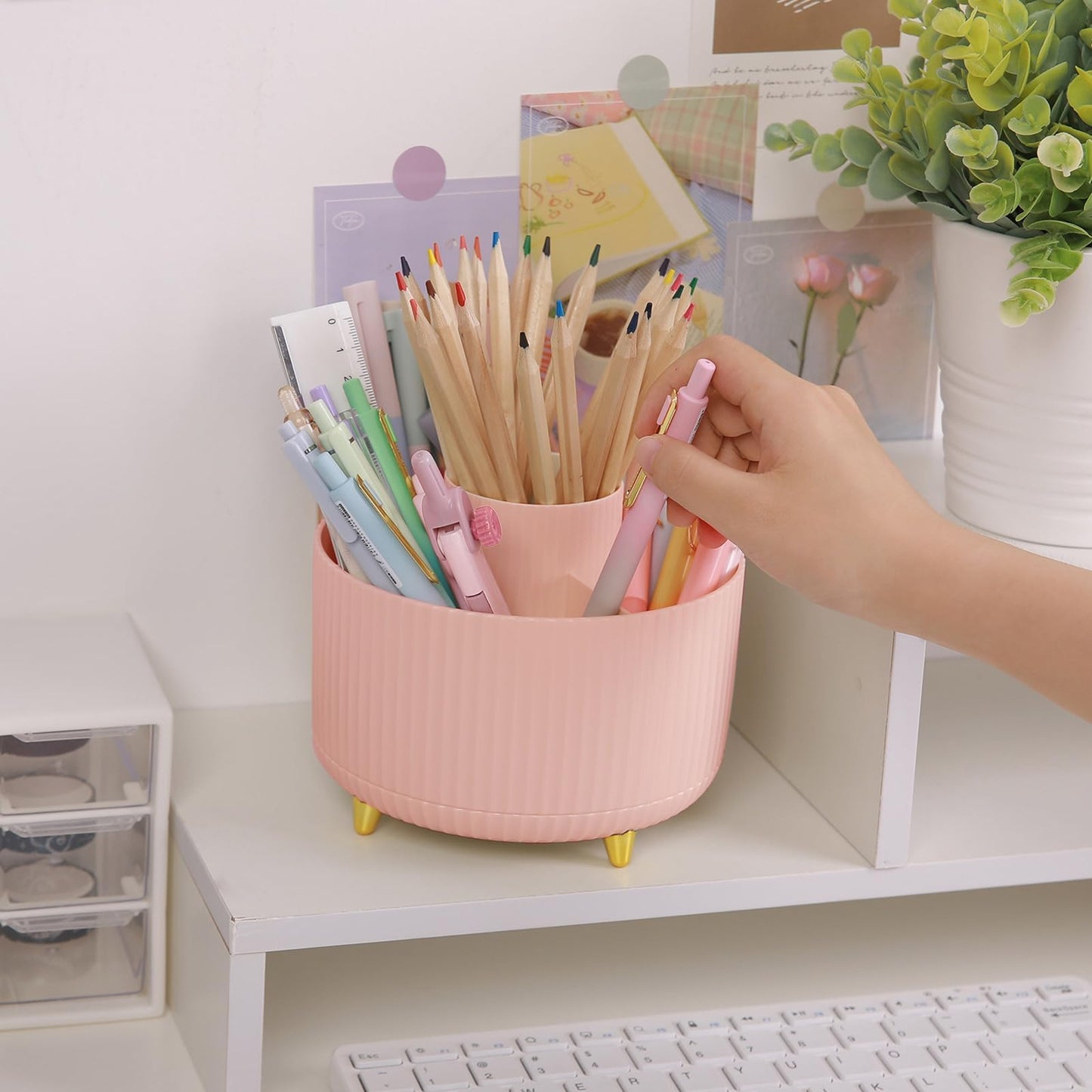 SKYDUE 360 Rotating Multipurpose Organizer - Cute Rotating Pen Holder with 5 Slots for Art Supplies, Office, School, Home