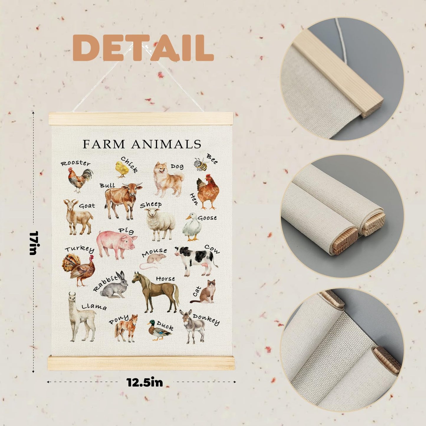 Qvapt Farm Animal Alphabet Wall Art Poster Hanger Frame, ABC Educational Farmhouse Animals Wall Art With Wooden Poster Hanger for Kids Room Nursery Playroom Classroom Decorations, 12x16 Inch