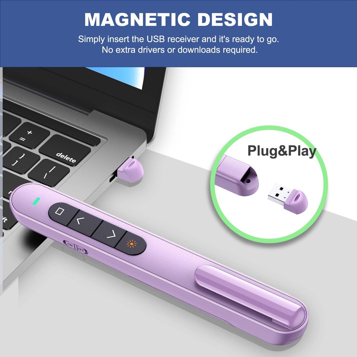 QUI 2 Pack Presentation Clicker, Hyperlink Volume Control Wireless Presenter, RF 2.4GHz USB Presentation Remote Control,PowerPoint Clicker Slide Advancer for Computer, Laptop, Mac (USB, Purple)