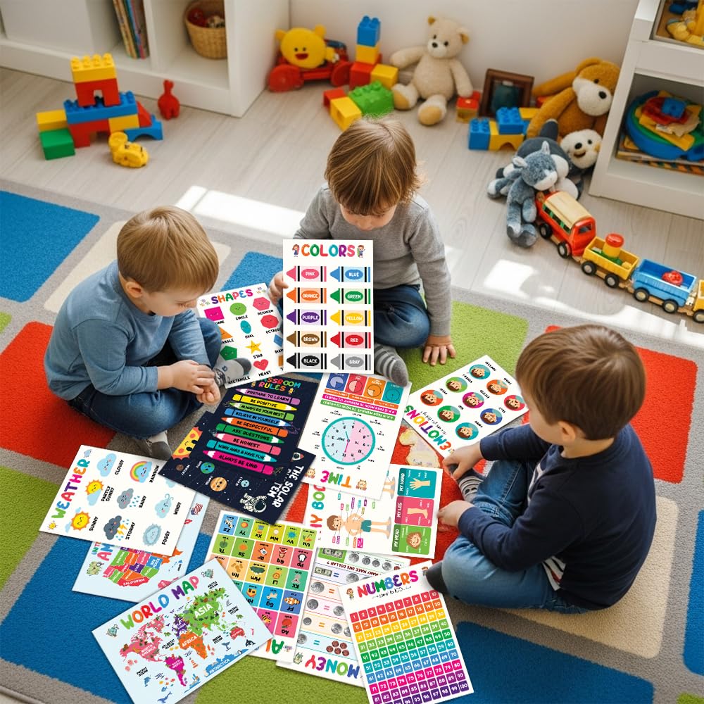 16pcs Colorful Educational Posters for 5-7 Toddlers, LAMINATED Math, Classroom Posters Preschool, Elementary Preschool, Toddler Learning Print, Preschool Posters for Toddlers, Learning Wall Prints