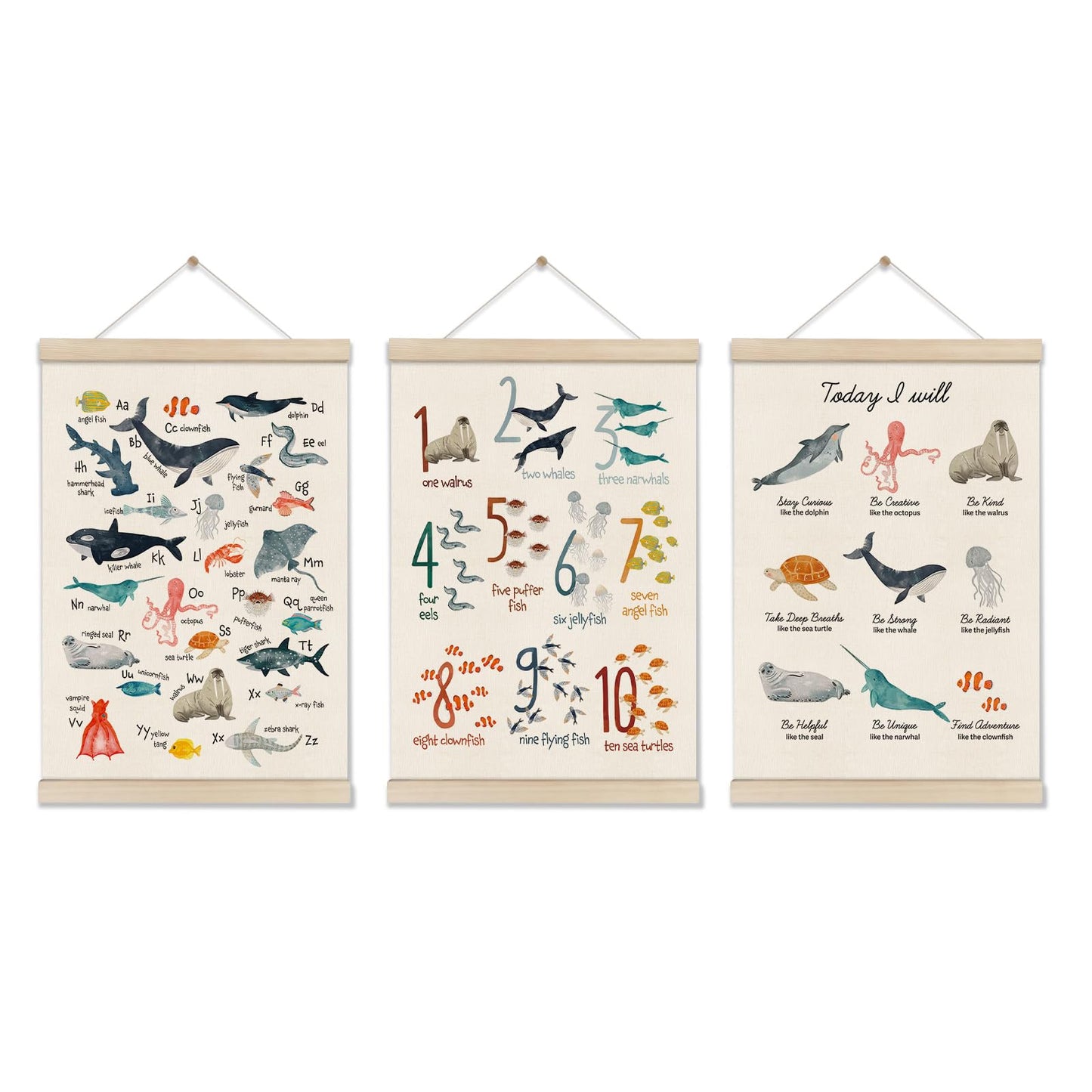 DOI-LANEE Numbers Alphabet Educational Poster for Kids - 3pcs 16x12 Inch - Ocean ABC Hanger Frame Playroom Nursery Wall Decor for Toddler - Kindergarten Teacher Classroom Must Haves