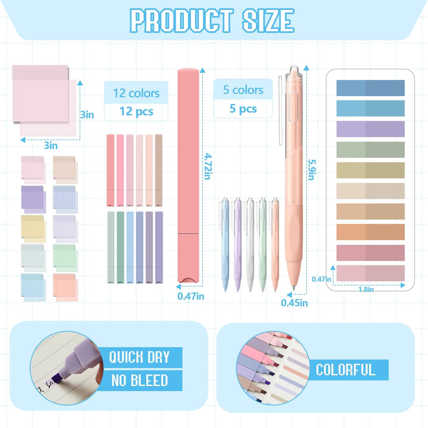 Jutom 39 Pcs Aesthetic Book Annotation Kit Highlighter with Pencil Case Bag Gel Pen Transparent Sticky Note Taking Bible Study College School Supplies(Blue,Kawaii Style)
