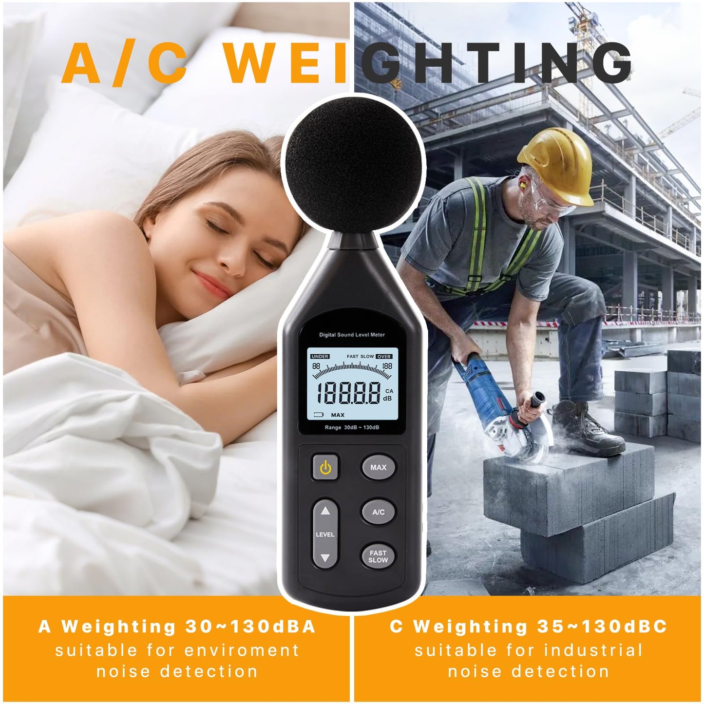 Digvliy DB-01 Decibel Meter, Professional Sound Decibel Meter with A/C Weighting, Fast/Slow Response, 30-130dB Range,for Home, Office, Factory, Noisy Neighbors