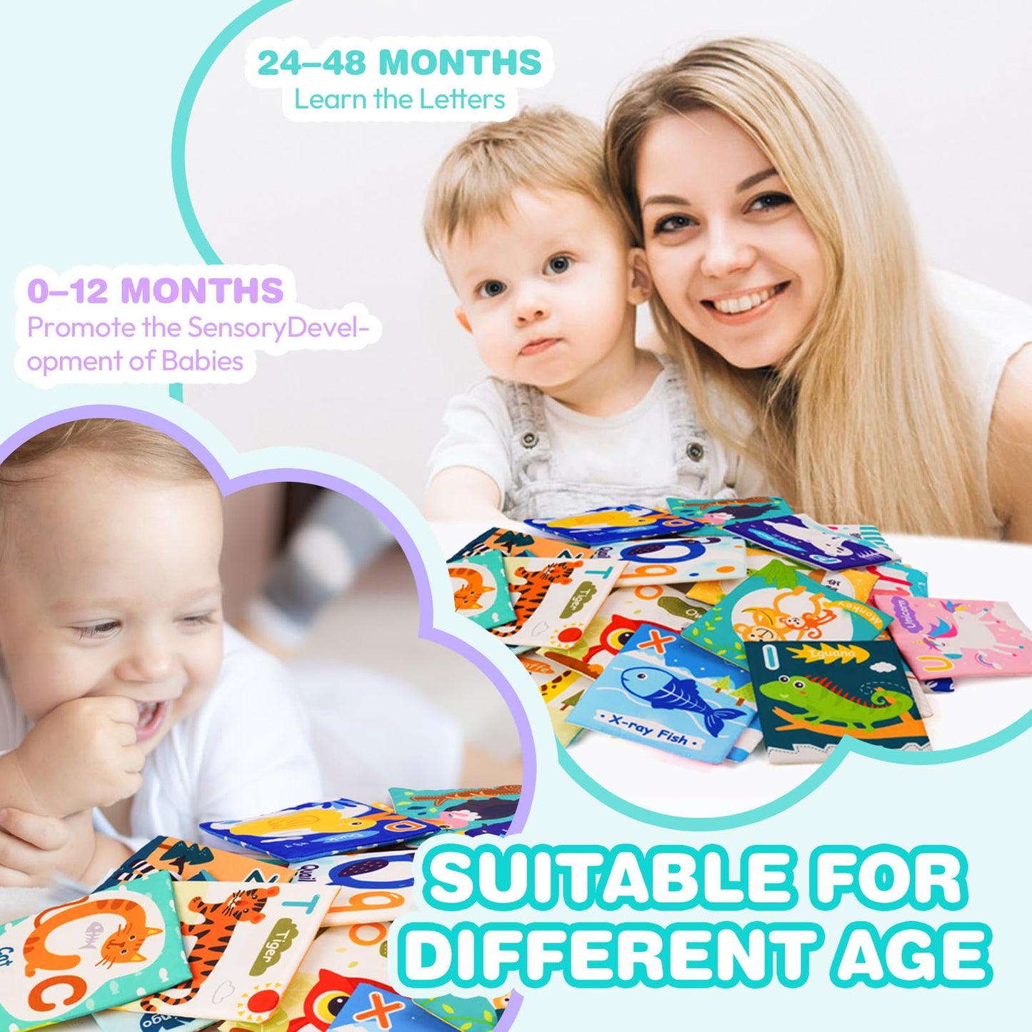 Jollybaby Reusable Soft Cloth ABC Alphabet/Letters Animal Flash Cards for Baby 0-6-12-18 Months, Curious Baby First Words Learning Activity Flashcards, Montessori Sight Words Toy - Easter Gifts