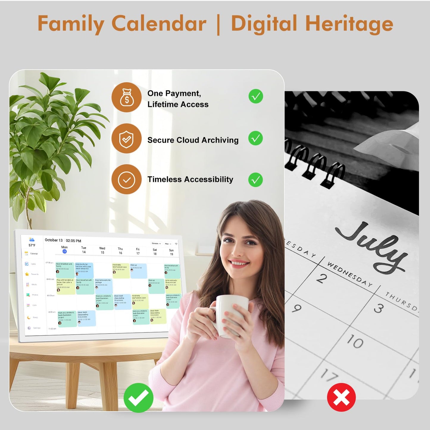 24" Smart Calendar Digital Chore-Chart-for-Planner - Touchscreen Display Electronic Calendar for Family Schedules, 32GB, Auto-Sync Google iCloud Outlook Calendars, Wall Mounted Household Organization
