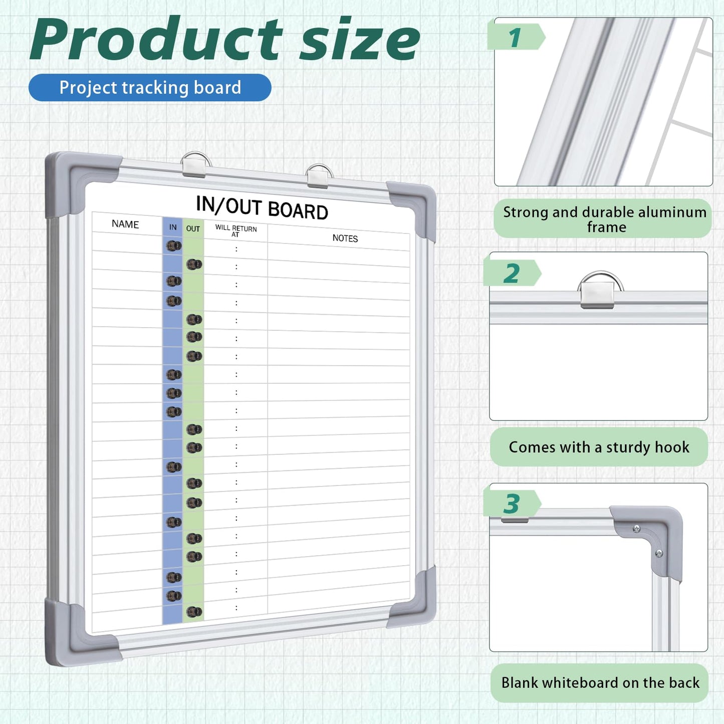 Lincia in and Out Magnetic Dry-Erase Board 16" x 12" Aluminum Framed White Board with Lines 21 Names with Magnetic Dry-Erase Marker, Eraser, and 20 Magnets Wall-Mounted for Office Employee
