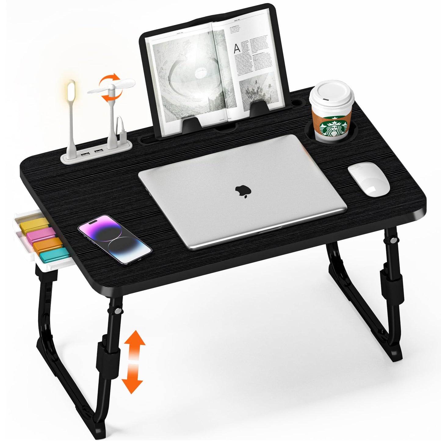 Lap Desk for Bed, Adjustable Laptop Desk with USB Charging Port, Storage Drawer & Bookshelf — Foldable Bed Desk for WFH & Students, 23.6" Desktop Fits 17" Laptop, Non-Slip, Black
