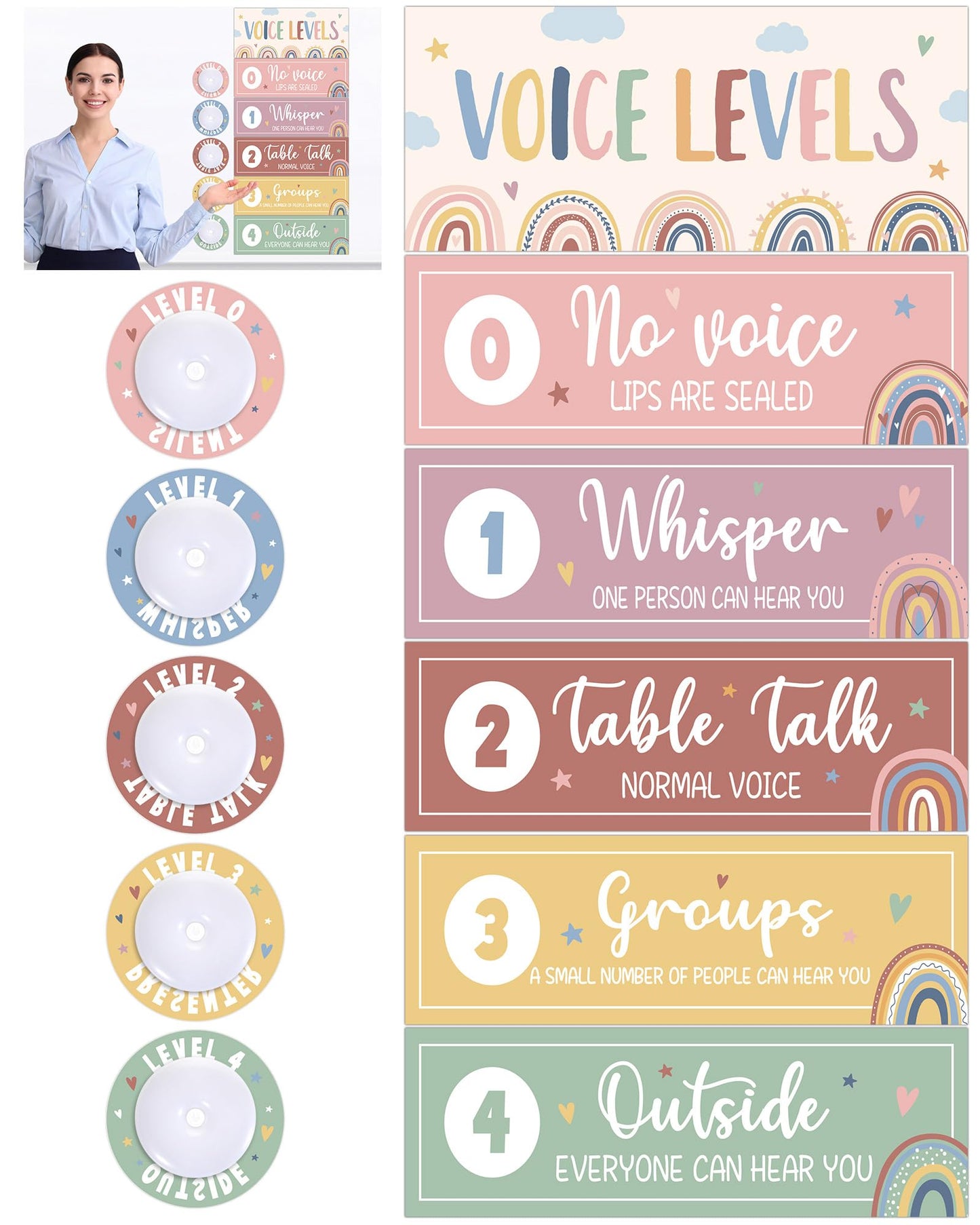 5 Pcs School Push Light and Voice Level Poster Voice Level Chart Monitor Rules Sign LED Tap Light Classroom Rules Poster Noise Chart Classroom Management Tools for Teachers Back to School （Boho Style）