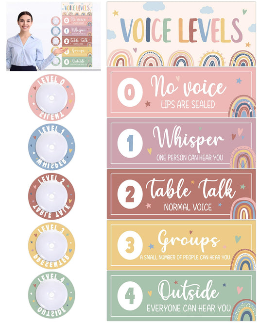 5 Pcs School Push Light and Voice Level Poster Voice Level Chart Monitor Rules Sign LED Tap Light Classroom Rules Poster Noise Chart Classroom Management Tools for Teachers Back to School （Boho Style）